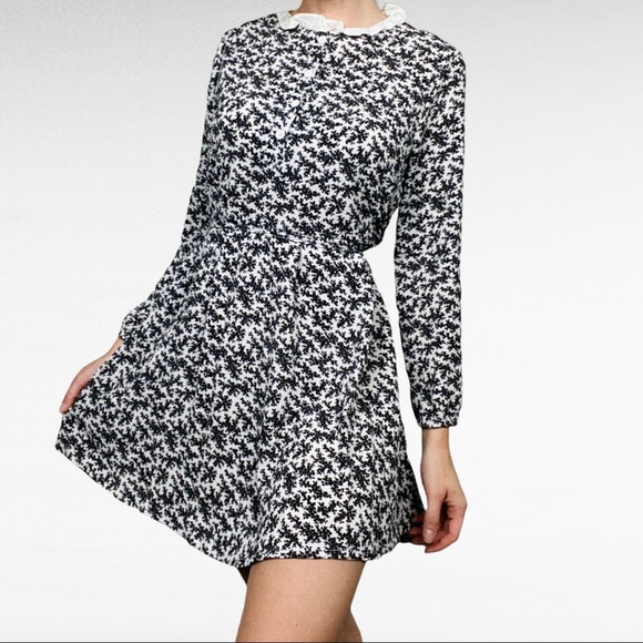 Black & White Florals Ruffled Collar Belted Preppy Retro Style Long Sleeve Dress - Picture 5 of 6